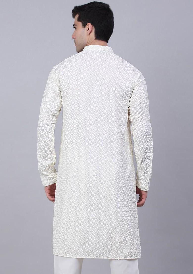 Cream Embroidered Poly Blend Kurta For Men