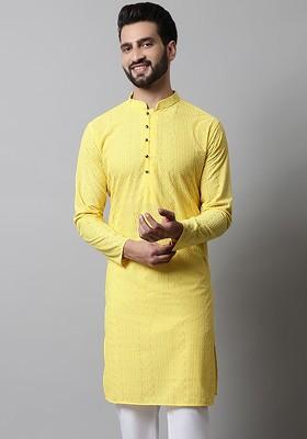 Cream Ethnic Motif Poly Blend Kurta For Men