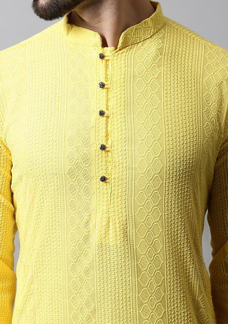 Cream Ethnic Motif Poly Blend Kurta For Men