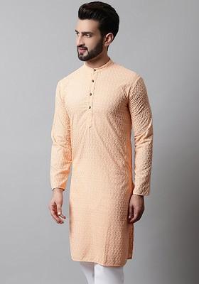 Peach Woven Design Poly Blend Kurta For Men
