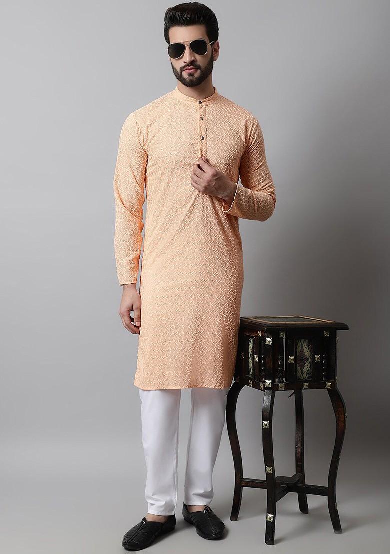 Peach Woven Design Poly Blend Kurta For Men