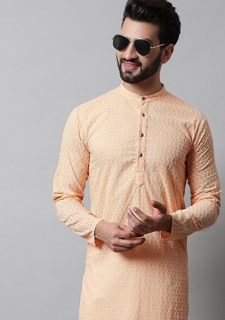 Peach Woven Design Poly Blend Kurta For Men