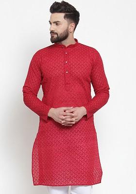 Pink Woven Design Poly Blend Kurta For Men