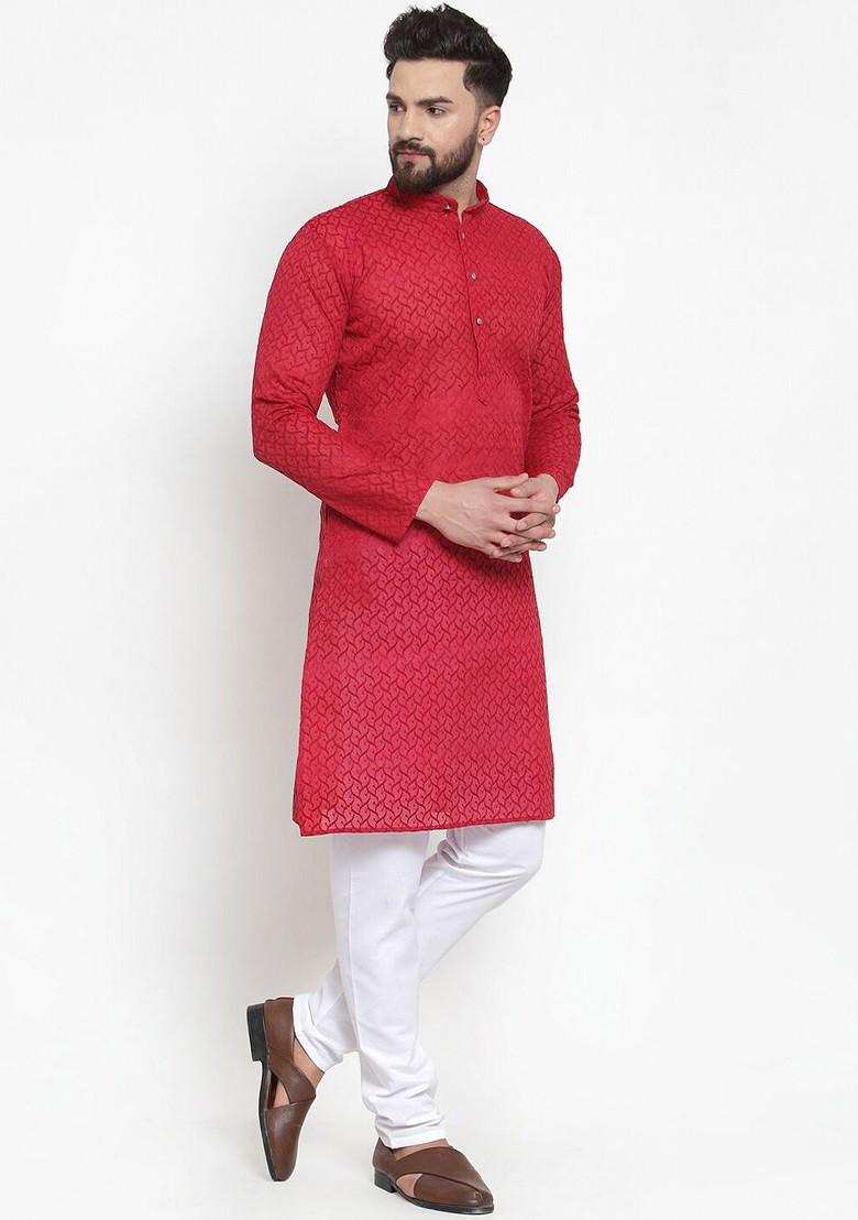 Pink Woven Design Poly Blend Kurta For Men