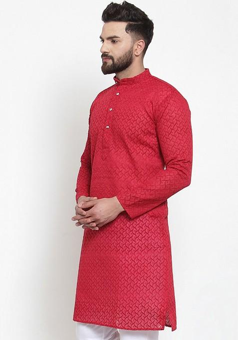 Pink Woven Design Poly Blend Kurta For Men