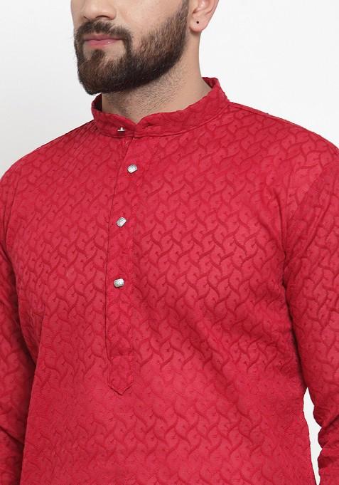 Pink Woven Design Poly Blend Kurta For Men