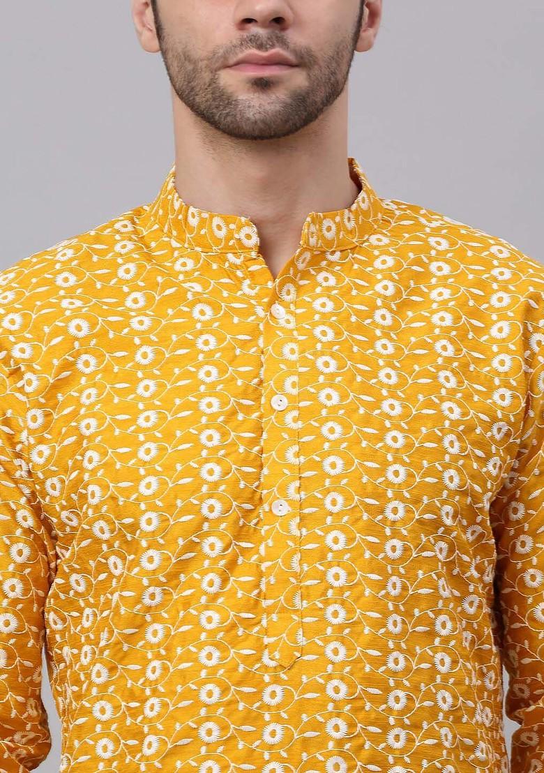 Mustard Yellow Woven Design Poly Blend Kurta For Men