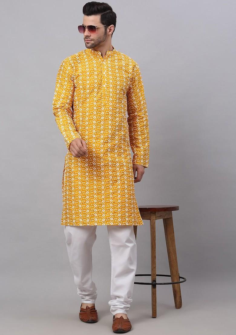 Mustard Yellow Woven Design Poly Blend Kurta For Men