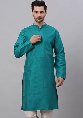 Teal Blue Embroidered Poly Blend Kurta For Men
