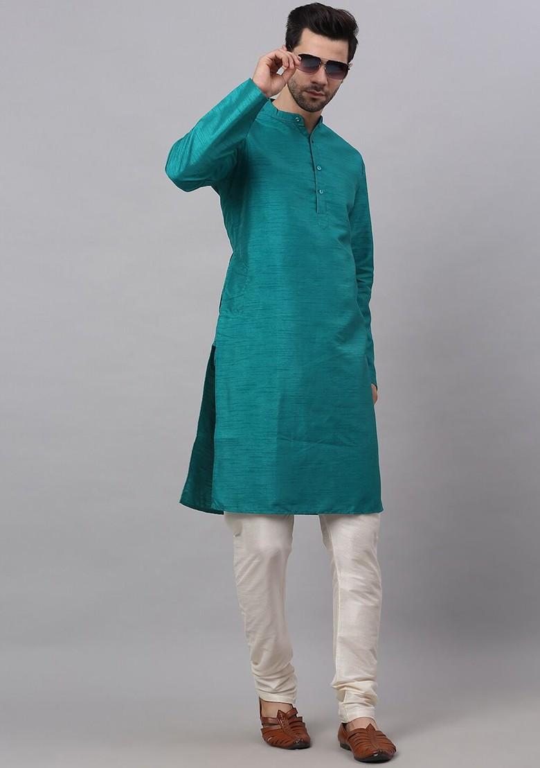 Teal Blue Embroidered Poly Blend Kurta For Men