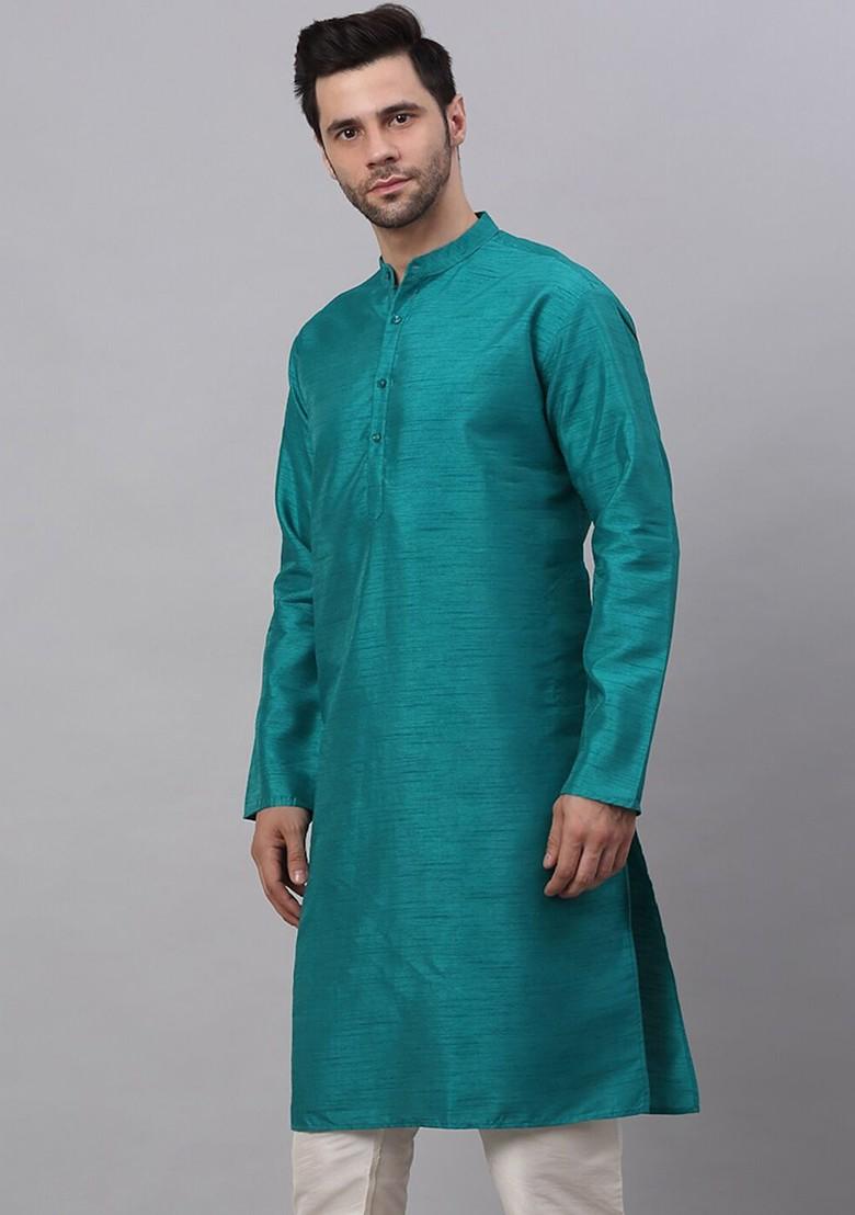 Teal Blue Embroidered Poly Blend Kurta For Men