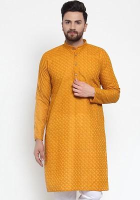 Mustard Yellow Embroidered Poly Blend Kurta For Men