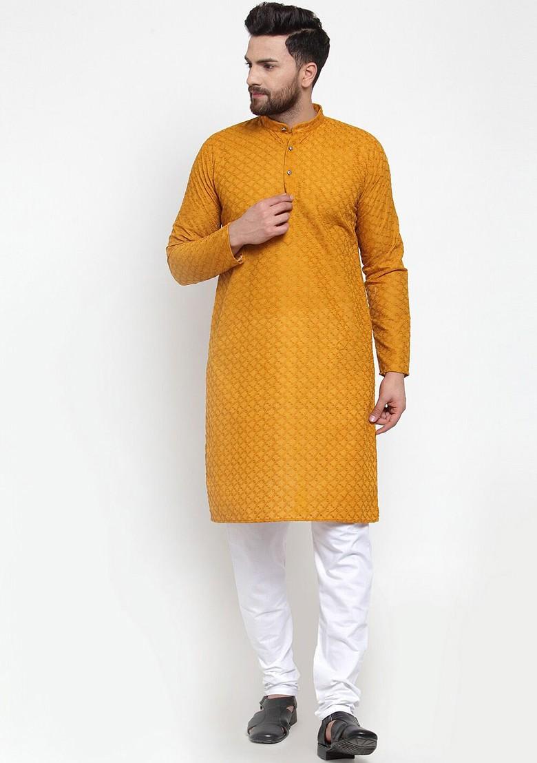 Mustard Yellow Embroidered Poly Blend Kurta For Men