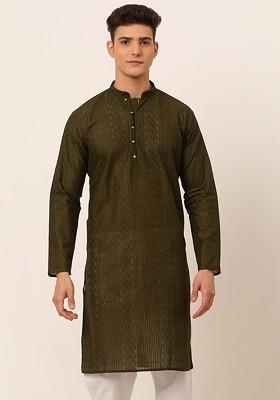Olive Embroidered Poly Blend Kurta For Men