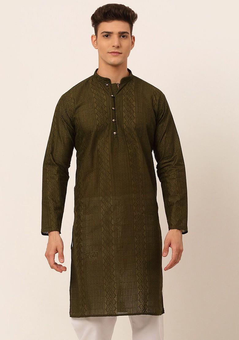 Olive Embroidered Poly Blend Kurta For Men