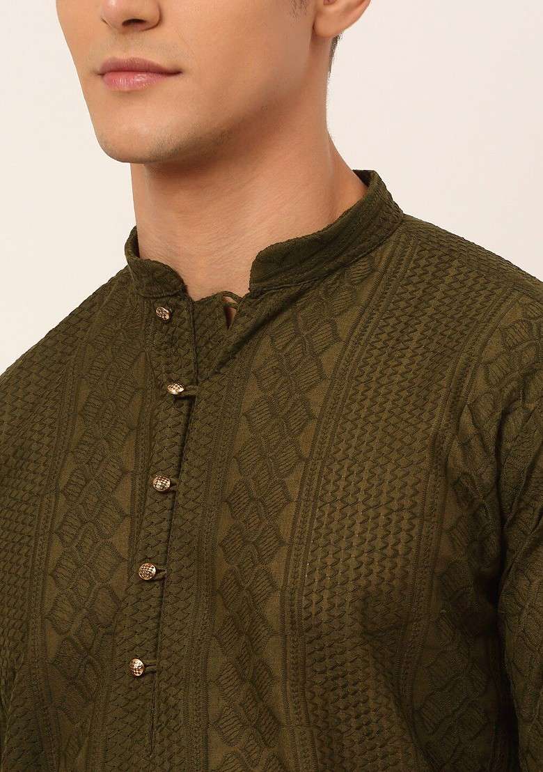 Olive Embroidered Poly Blend Kurta For Men - Indya
