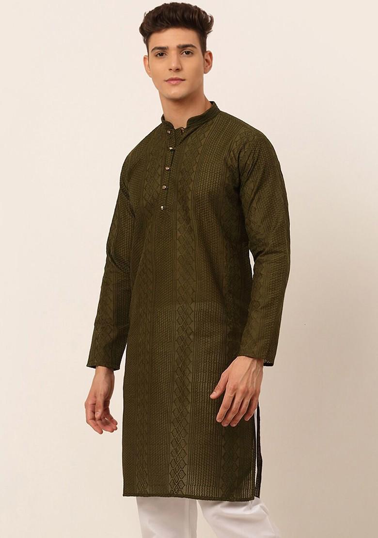 Olive Embroidered Poly Blend Kurta For Men