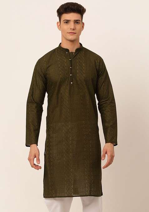 Olive Embroidered Poly Blend Kurta For Men