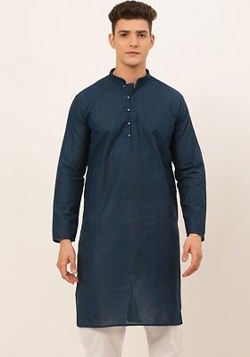 Teal Blue Embroidered Poly Blend Kurta For Men