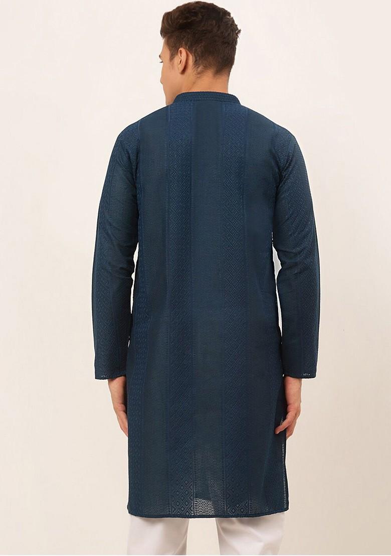 Teal Blue Embroidered Poly Blend Kurta For Men