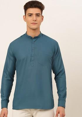 Teal Blue Embroidered Poly Blend Kurta For Men
