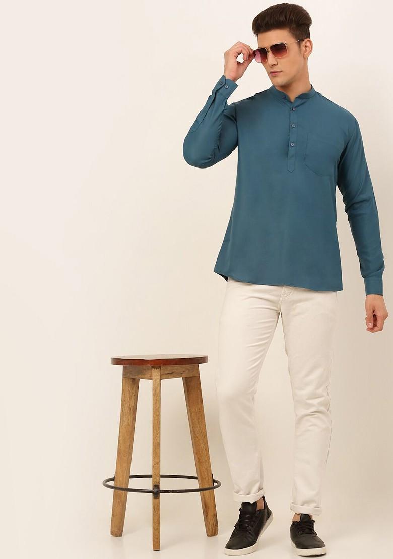 Teal Blue Embroidered Poly Blend Kurta For Men