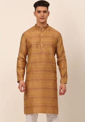 Yellow Ethnic Motif Poly Blend Kurta For Men