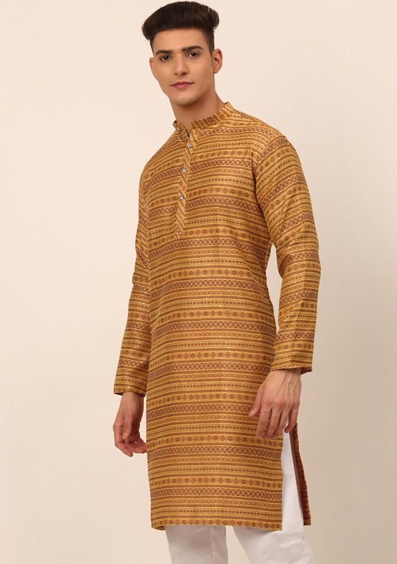Yellow Ethnic Motif Poly Blend Kurta For Men