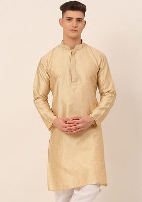 Beige Embroidered Poly Blend Kurta For Men
