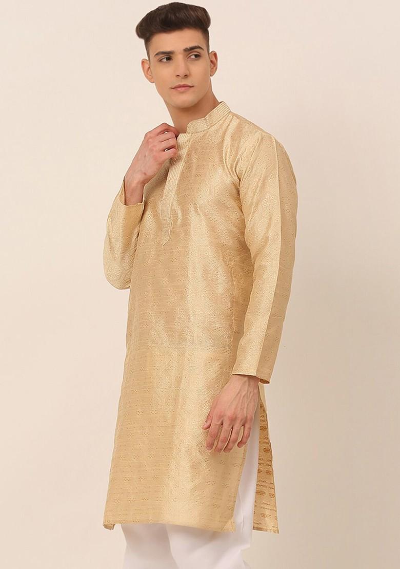 Beige Embroidered Poly Blend Kurta For Men