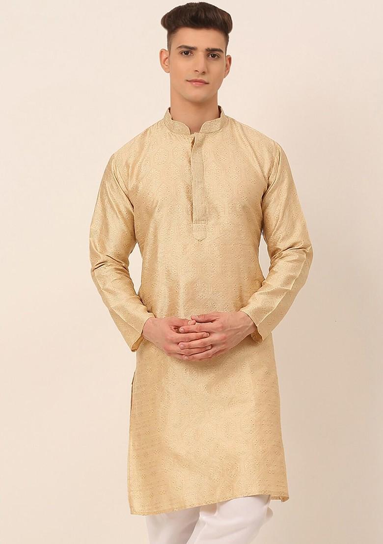 Beige Embroidered Poly Blend Kurta For Men