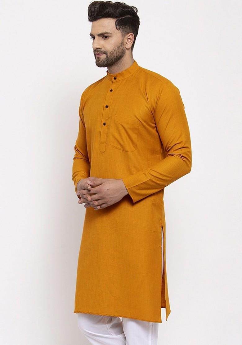 Mustard Yellow Embroidered Poly Blend Kurta For Men