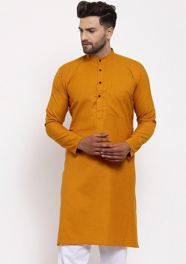 Mustard Yellow Embroidered Poly Blend Kurta For Men