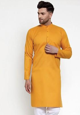Mustard Yellow Embroidered Poly Blend Kurta For Men