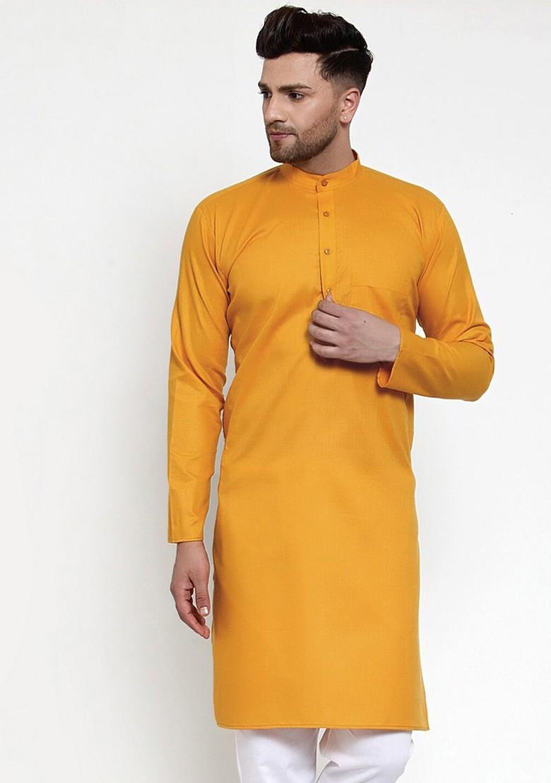 Mustard Yellow Embroidered Poly Blend Kurta For Men