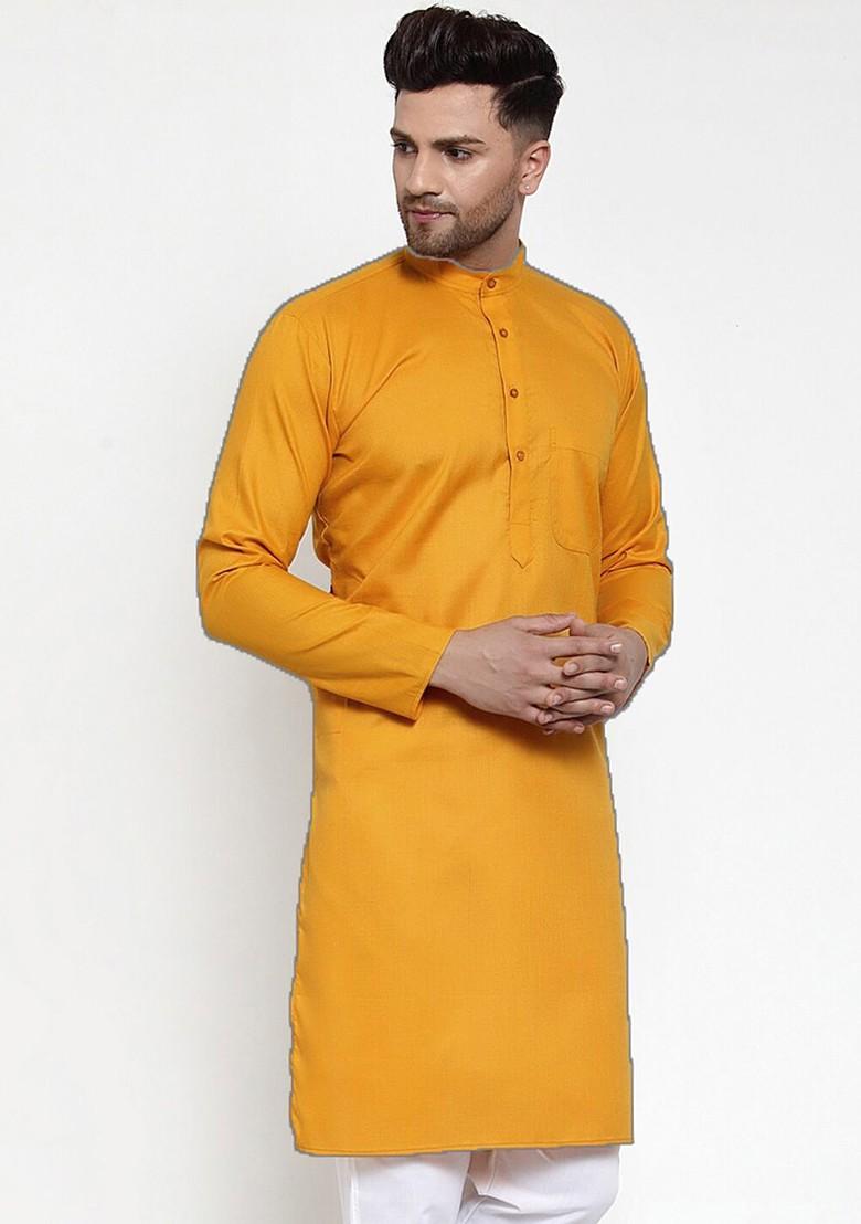 Mustard Yellow Embroidered Poly Blend Kurta For Men