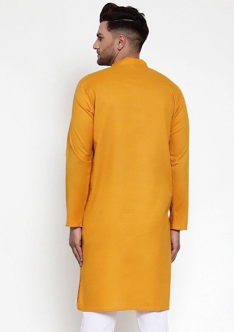 Mustard Yellow Embroidered Poly Blend Kurta For Men
