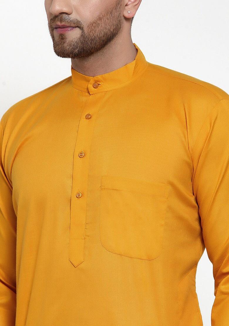 Mustard Yellow Embroidered Poly Blend Kurta For Men