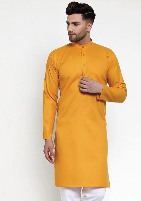 Mustard Yellow Embroidered Poly Blend Kurta For Men