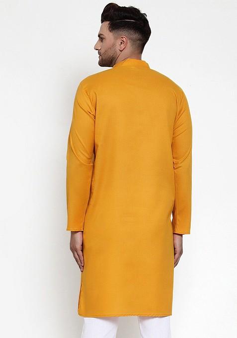 Mustard Yellow Embroidered Poly Blend Kurta For Men