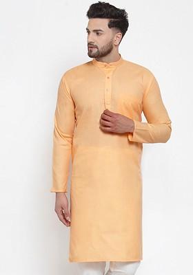 Orange Embroidered Poly Blend Kurta For Men