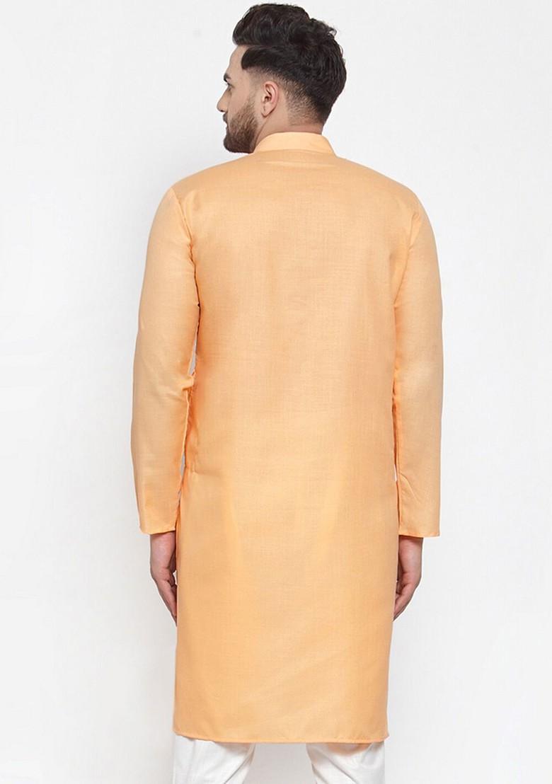Orange Embroidered Poly Blend Kurta For Men