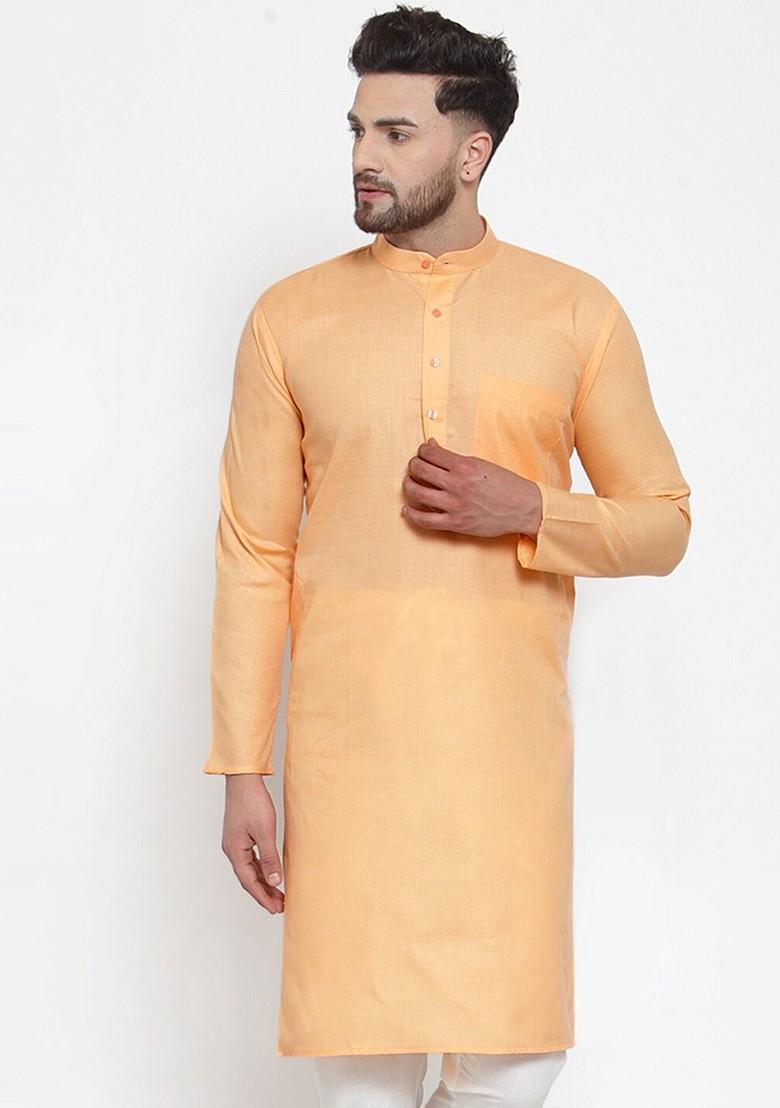 Orange Embroidered Poly Blend Kurta For Men