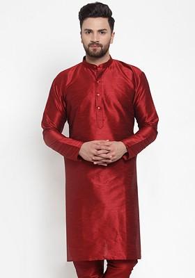 Maroon Embroidered Poly Blend Kurta For Men
