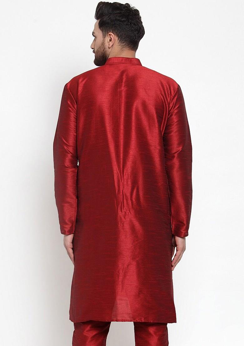 Maroon Embroidered Poly Blend Kurta For Men