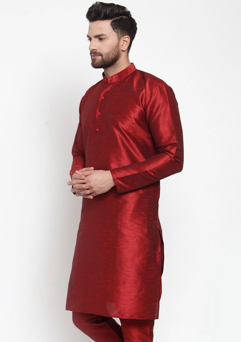 Maroon Embroidered Poly Blend Kurta For Men