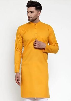 Mustard Yellow Embroidered Poly Blend Kurta For Men