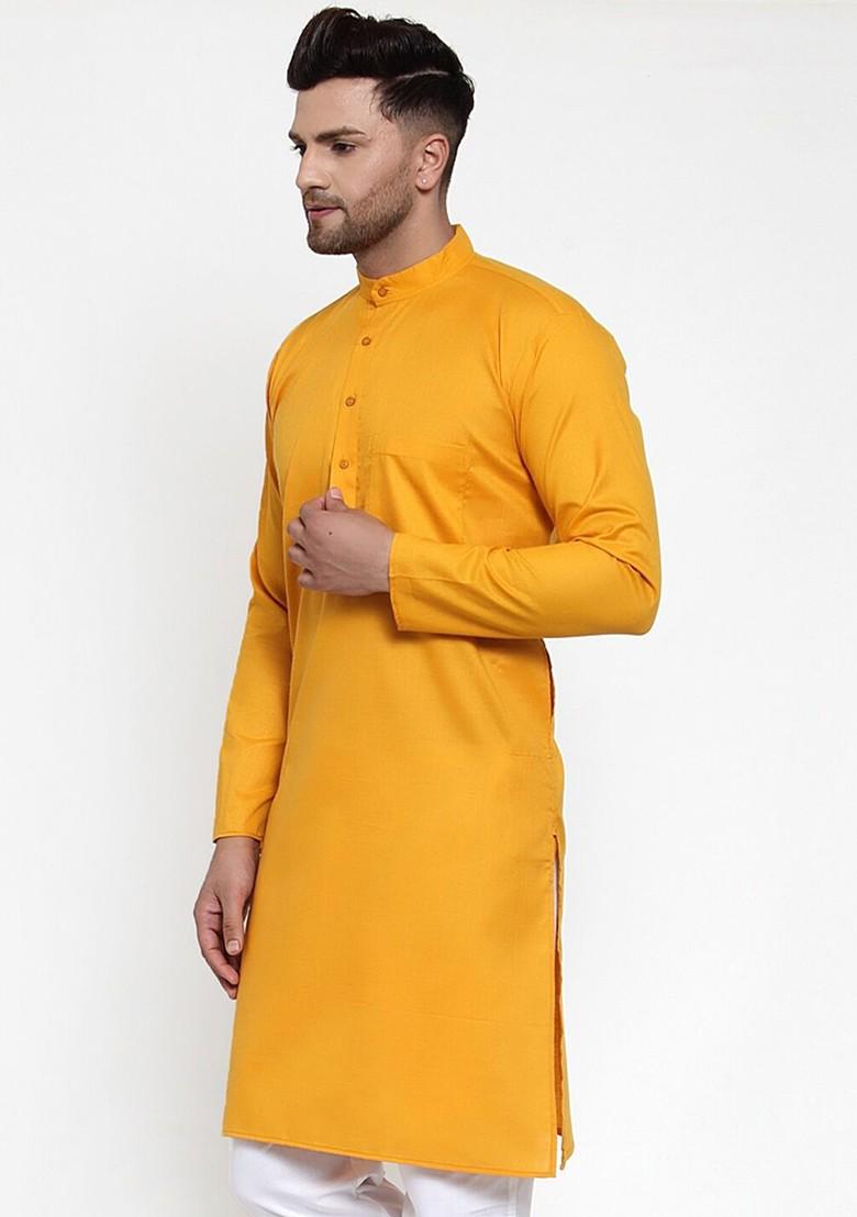 Mustard Yellow Embroidered Poly Blend Kurta For Men