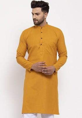Mustard Yellow Embroidered Poly Blend Kurta For Men
