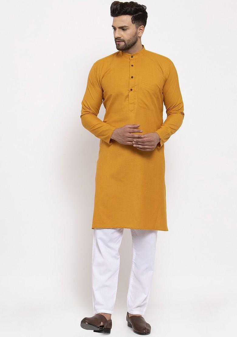 Mustard Yellow Embroidered Poly Blend Kurta For Men
